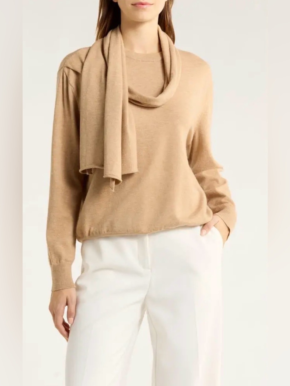 NWT Halogen Crewneck Scarf Sweater‎ in Camel Beige Tan - Size M